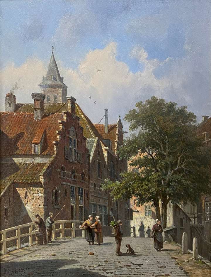 Dutch town scene with figures talking and fishing from a bridge